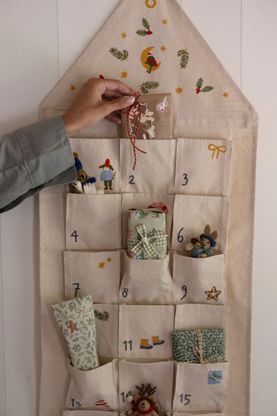 Adventskalender, winterbos, gerecycled katoen, 24 vakjes, 115 x 40 cm