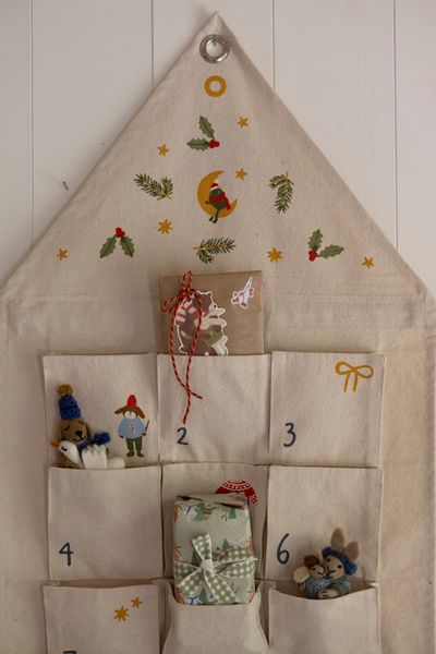 Adventskalender, winterbos, gerecycled katoen, 24 vakjes, 115 x 40 cm