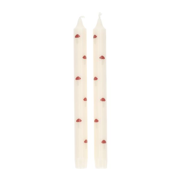 Dinerkaarsen, wit met paddenstoelen, 25 cm, 2 stuks