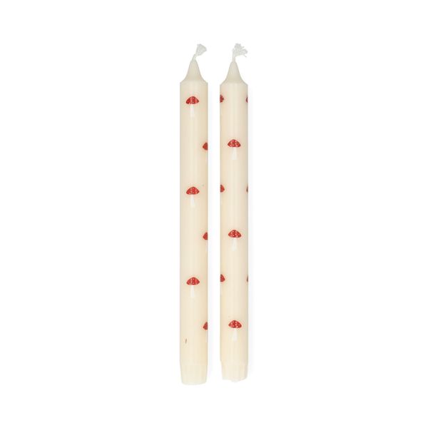 Dinerkaarsen, wit met paddenstoelen, 25 cm, 2 stuks