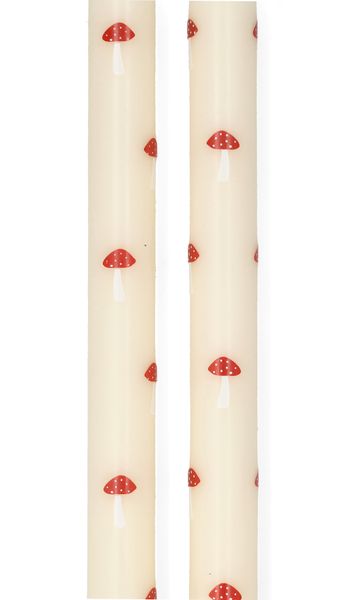 Bougies de table blanches, ornées de champignons, 25 cm, lot de 2