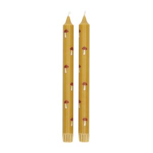 Dinerkaarsen, geel met paddenstoelen, 25 cm, 2 stuks