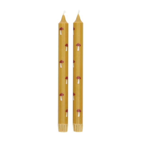 Dinerkaarsen, geel met paddenstoelen, 25 cm, 2 stuks