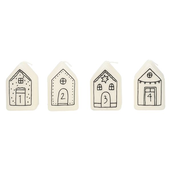 Adventskaarsen, huisjes, 6 cm, 4 stuks