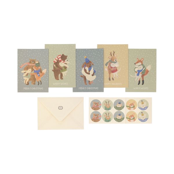Kerstkaarten met envelop, knuffelde dieren, set van 10 in een doos