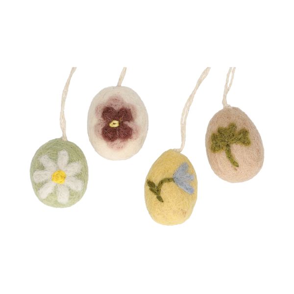 Paashanger, vilt, eitjes met geborduurde bloem, set van 4