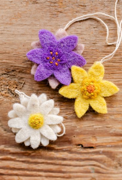 Decoration, felt, flowers, set of 4