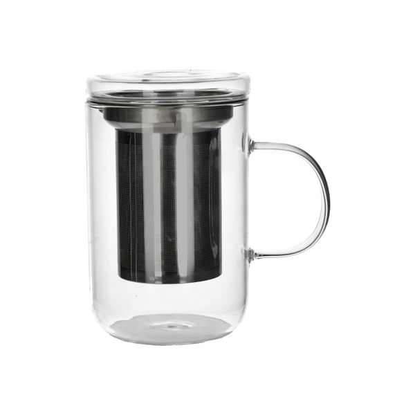 Theeglas met filter en deksel/uitlekschaaltje, hittebestendig glas en rvs, 550 ml