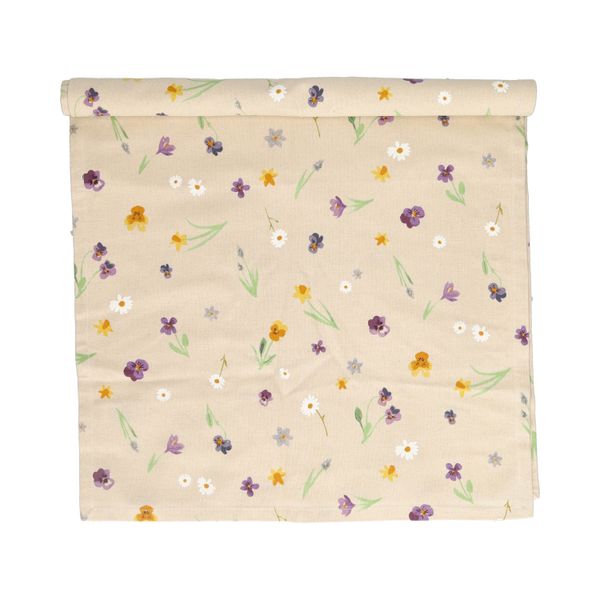 Chemin de table, coton biologique GOTS, motif fleurs de printemps, 50 x 145 cm