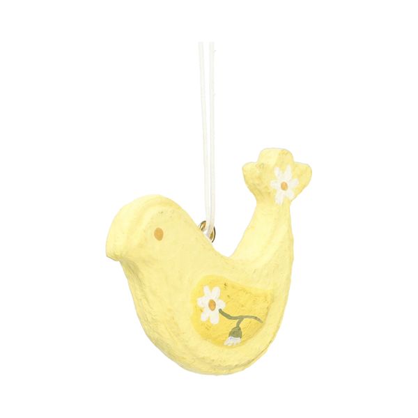 Hanger, katoen maché, geel vogeltje met madelief, 6 x 8 cm