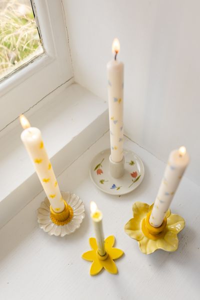 Bougeoir, grès, peint à la main, crocus et tulipe, Ø11,5 x 6,5 cm