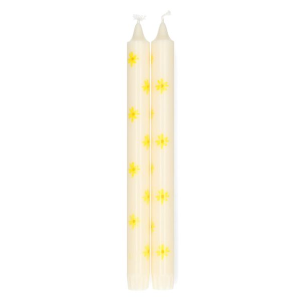 Bougies de table ornées de fleurs jaunes, 25 cm, lot de 2