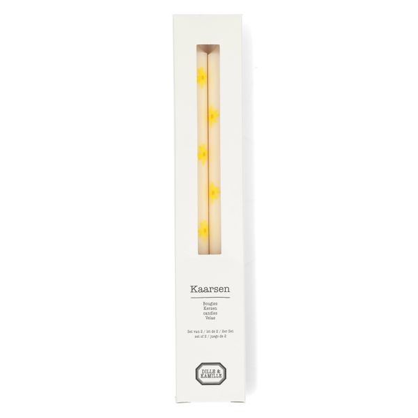 Bougies de table ornées de fleurs jaunes, 25 cm, lot de 2