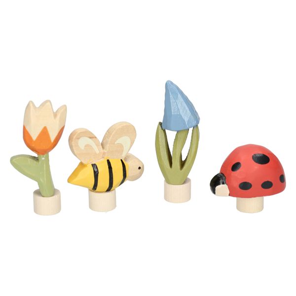 Figurines pour bougeoir en bois en forme d'anneau, bois, insectes et fleurs, lot de 4