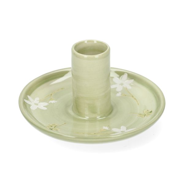Bougeoir, grès, fleurs et trèfles, Ø11 cm x 6 cm