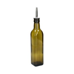 Bouteille à huile/vinaigre, verre vert olive, carré, 375 ml