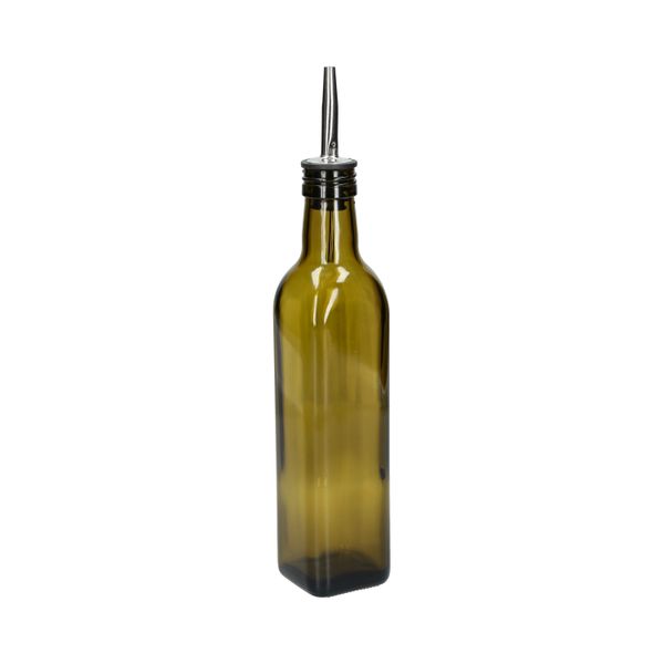 Bouteille à huile/vinaigre, verre vert olive, carré, 375 ml