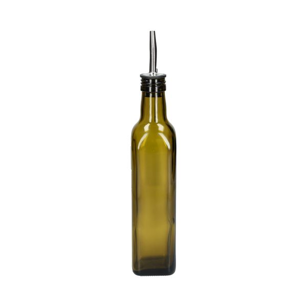 Bouteille à huile/vinaigre, verre vert olive, carré, 375 ml