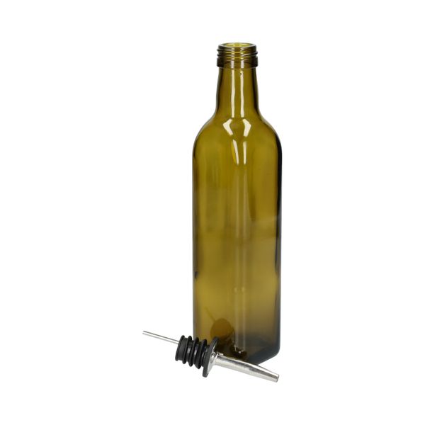 Bouteille à huile/vinaigre, verre vert olive, carré, 375 ml