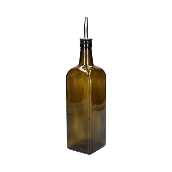 Bouteille à huile/vinaigre, verre vert olive, carré, 1 l