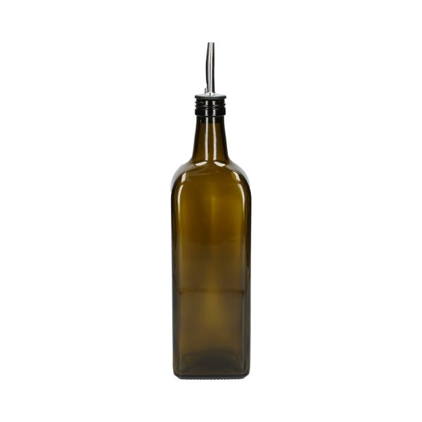 Bouteille à huile/vinaigre, verre vert olive, carré, 1 l