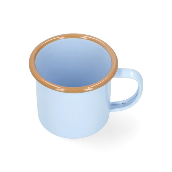 Becher mit Henkel, Emaille, hellblau/braun, Ø8 cm