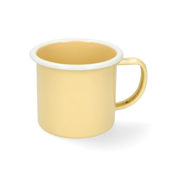 Beker met oor, emaille, lichtgeel met witte rand, Ø8 cm