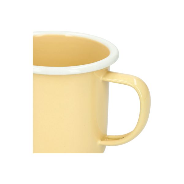 Becher mit Henkel, Emaille, hellgelb mit weißem Rand, Ø8 cm