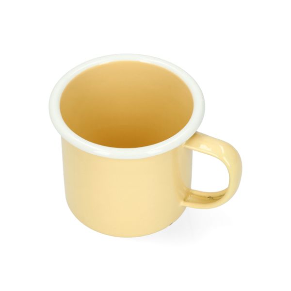 Becher mit Henkel, Emaille, hellgelb mit weißem Rand, Ø8 cm