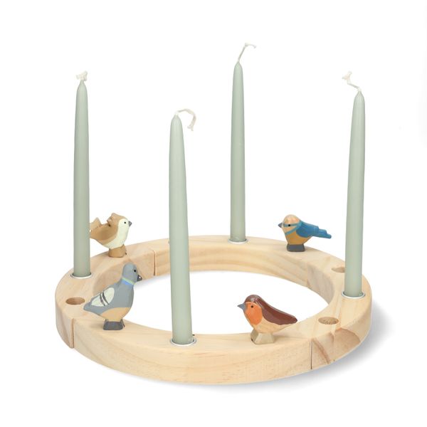 Ensemble de 4 figurines pour bougeoir couronne, bois, oiseaux