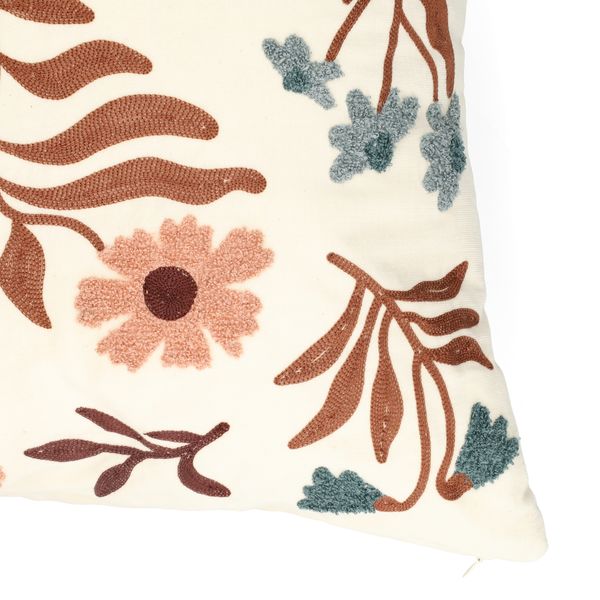 Coussin brodé, velours de coton bio, dahlia, 50 x 50 cm