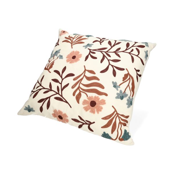 Coussin brodé, velours de coton bio, dahlia, 50 x 50 cm