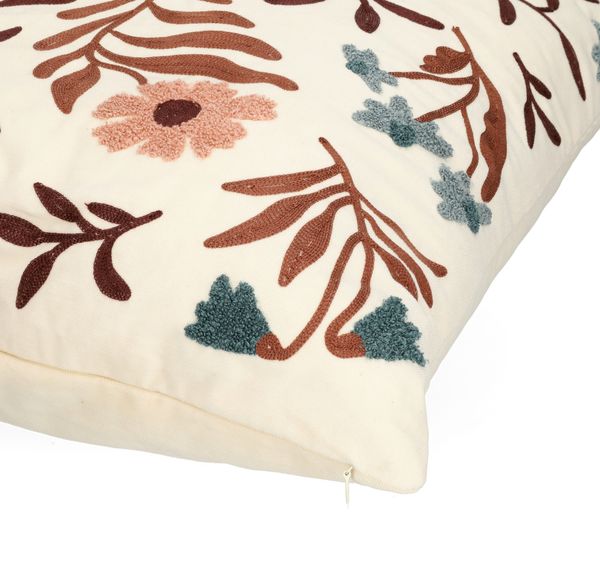 Coussin brodé, velours de coton bio, dahlia, 50 x 50 cm