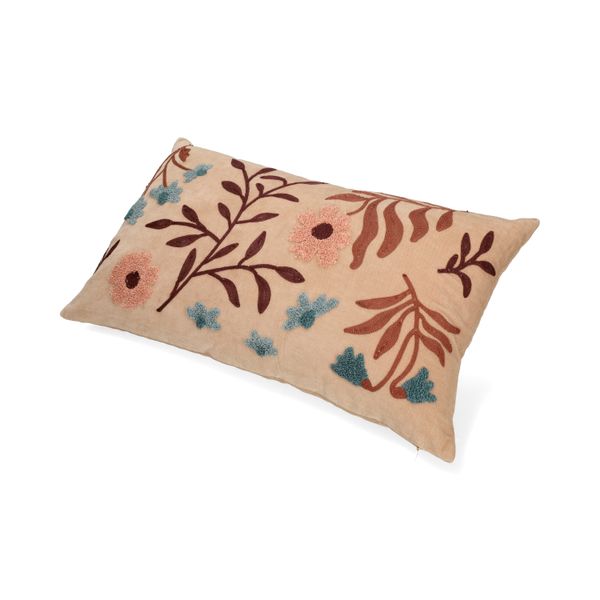 Coussin brodé, velours de coton bio, dahlia, 50 x 30 cm