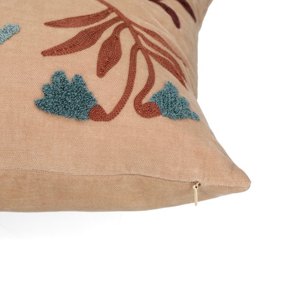 Coussin brodé, velours de coton bio, dahlia, 50 x 30 cm