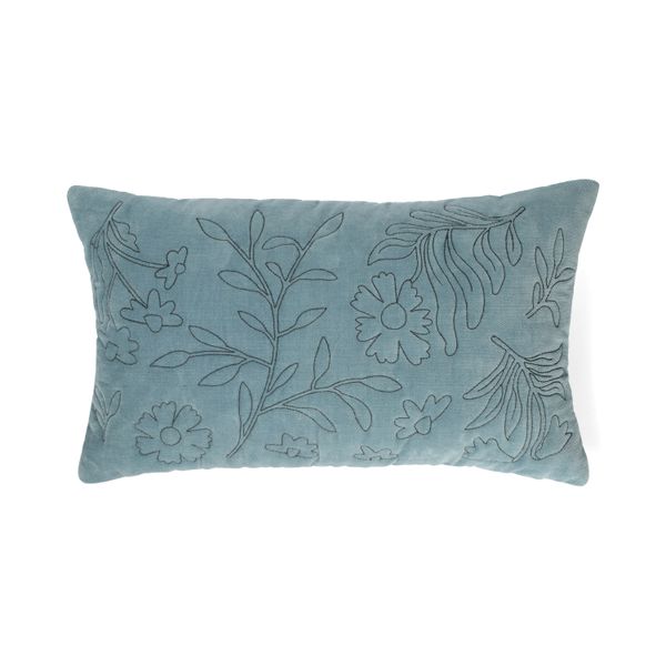 Coussin brodé, velours de coton bio, bleu, 50 x 30 cm
