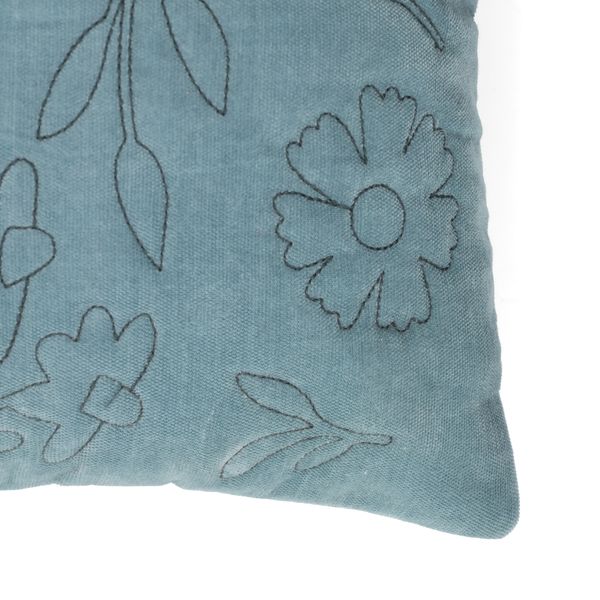 Coussin brodé, velours de coton bio, bleu, 50 x 30 cm