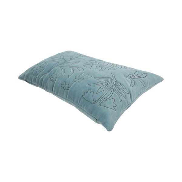 Coussin brodé, velours de coton bio, bleu, 50 x 30 cm