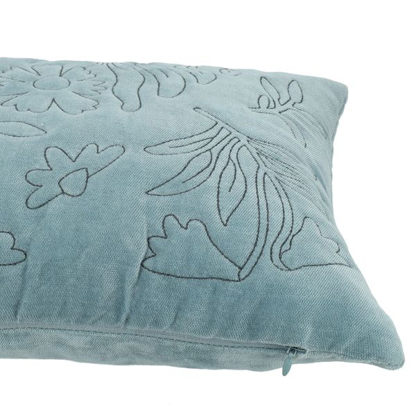 Coussin brodé, velours de coton bio, bleu, 50 x 30 cm