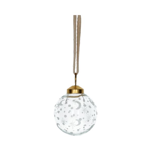 Kerstbal, glas, geëtste maan, sterren en stippen, Ø6,5 cm