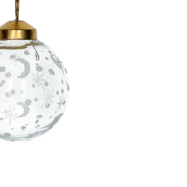 Kerstbal, glas, geëtste maan, sterren en stippen, Ø6,5 cm