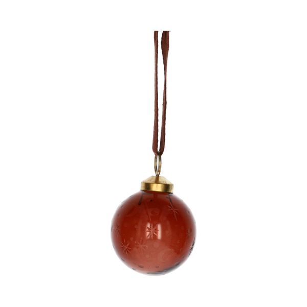 Kerstbal, glas, geëtste maan, sterren en stippen, roodbruin, Ø6 cm