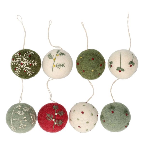 Kerstballen met takjes, vilt, set van 8, Ø5 cm