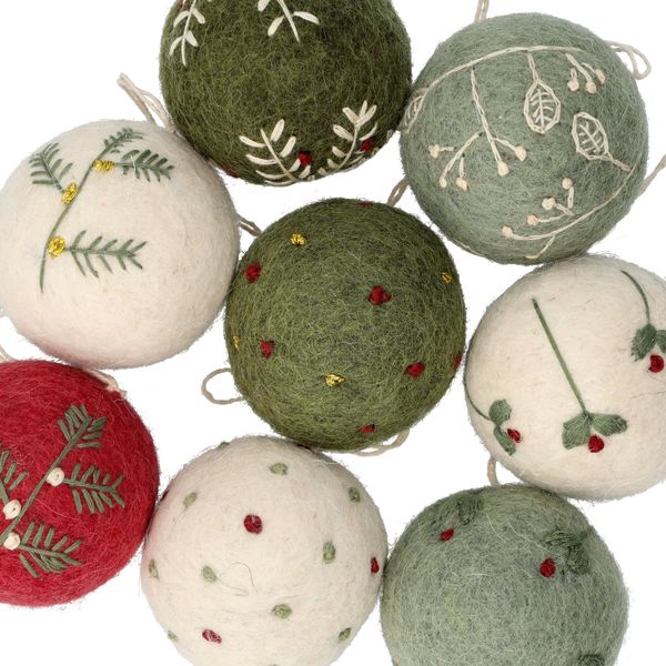 Kerstballen met takjes, vilt, set van 8, Ø5 cm
