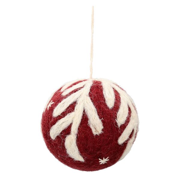 Rode kerstbal met witte tak, vilt, Ø6 cm