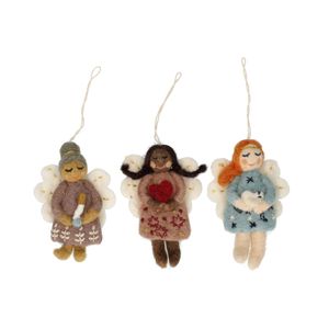 Suspensions, feutrine, angelots avec colombe, coeur et bougie, lot de 3
