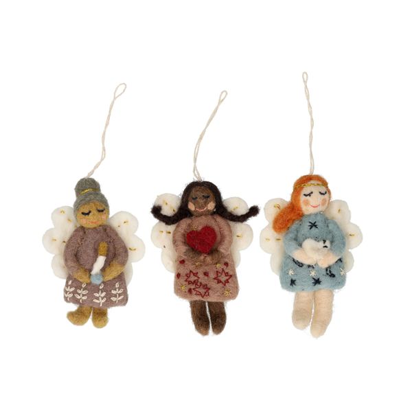 Hangers, vilt, engelen met duif, hart en kaars, set van 3
