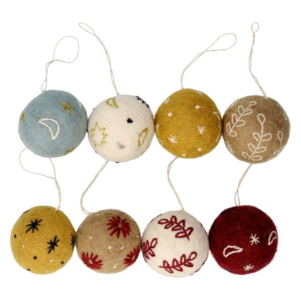 Kerstballen, vilt, met bloem, ster en maan, set van 8, Ø5 cm