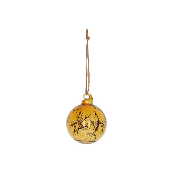 Kerstbal, glas, witte besjes, geel, Ø5 cm