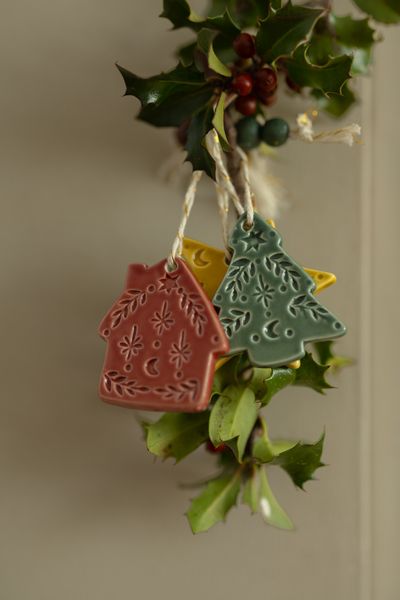 Hanger, porselein, kerstboom, groen